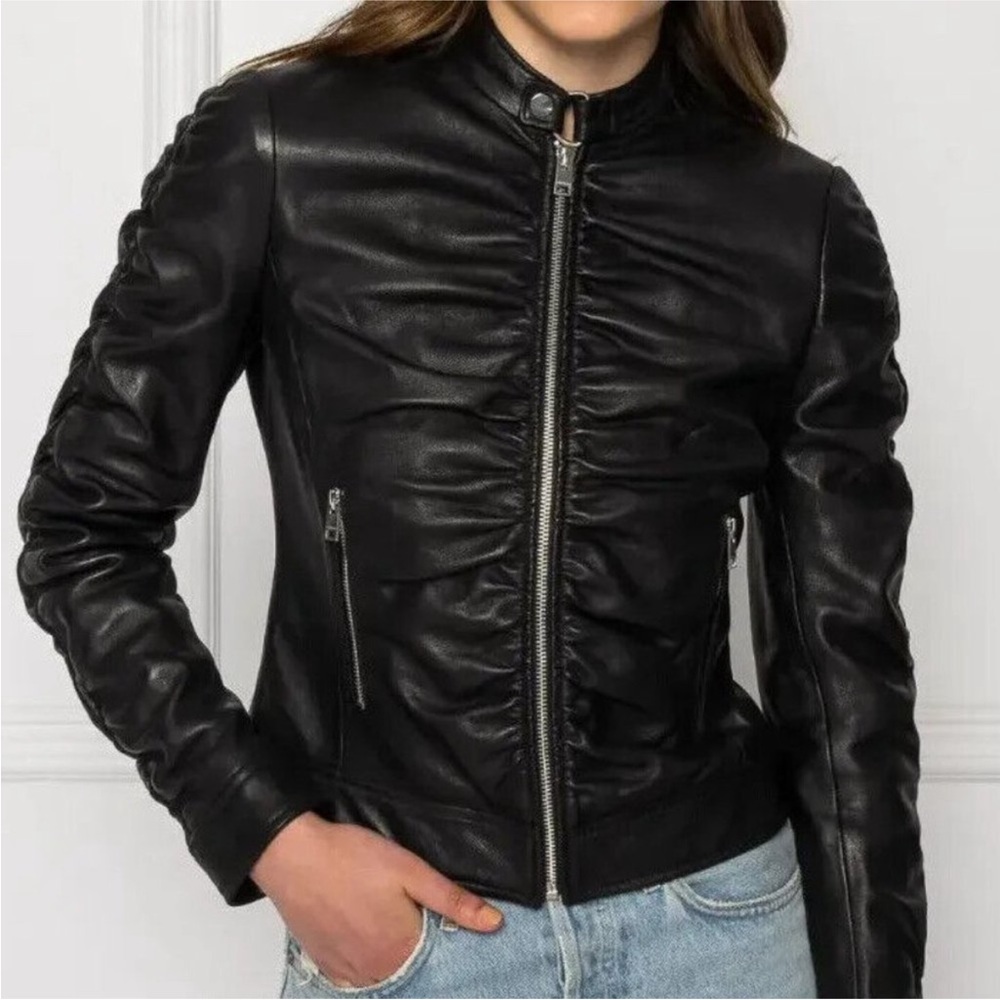Lamarque black ruffle leather jacket